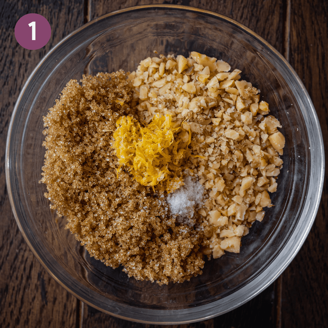 brown sugar, walnuts, and lemon zest in bowl.
