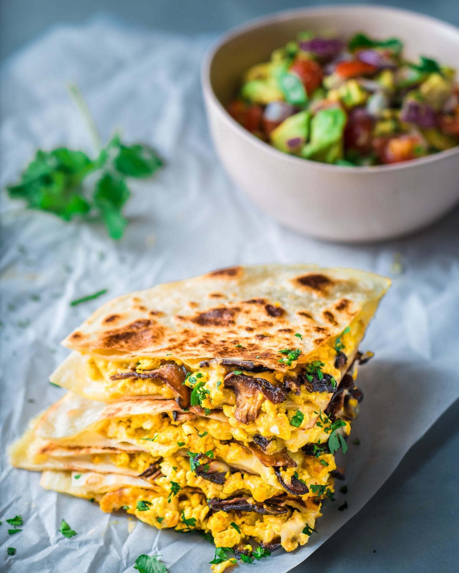 Vegan Quesadillas with Mushroom Bacon
