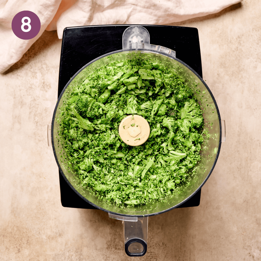 Finely chopped broccoli in food processor.