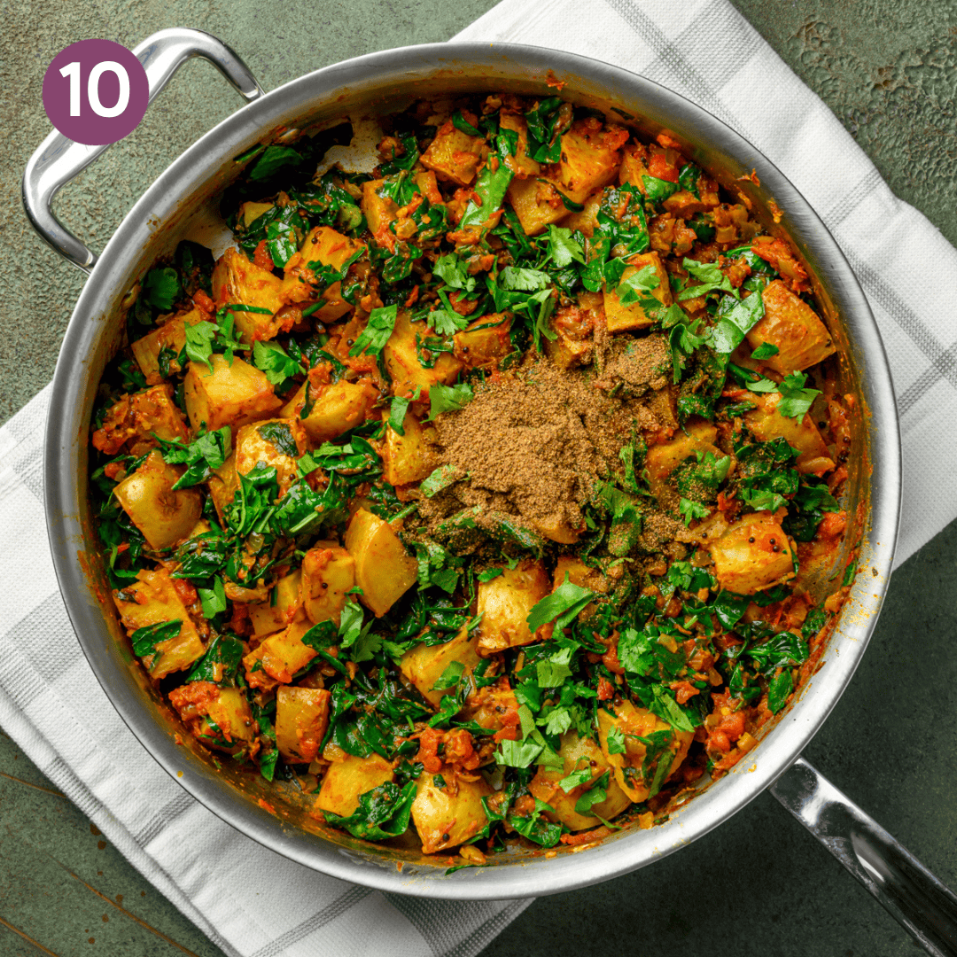 garam masala, cilantro and lemon juice added to the saag aloo.